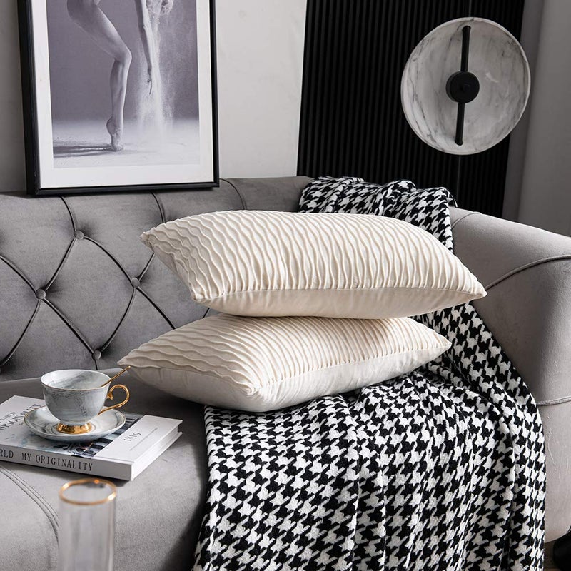 DEZENE Ivory White Couch Pillow Covers: 2 Pack 12x20 Inch Original Striped Velvet Rectangular Throw Pillow Cases for Farmhouse Home Decor - Image 4